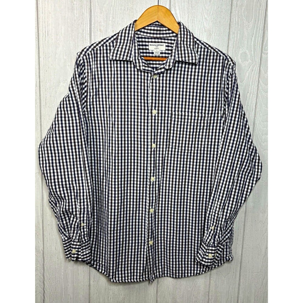 L Banana Republic Slim Fit White/blue/brown Check Long Sleeve Button-Up Shirt
